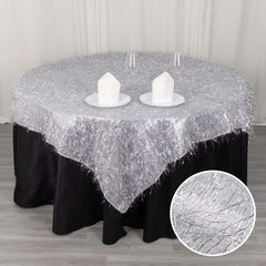 Polyester 72"x72" Table Overlay Square Tablecloth Silver - Metallic Fringe Shag Tinsel Table Cover