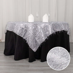 Polyester 72"x72" Table Overlay Square Tablecloth Silver - Metallic Fringe Shag Tinsel Table Cover