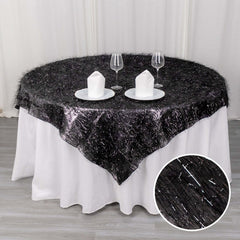 Polyester 72"x72" Table Overlay Square Tablecloth Black - Metallic Fringe Shag Tinsel Table Cover