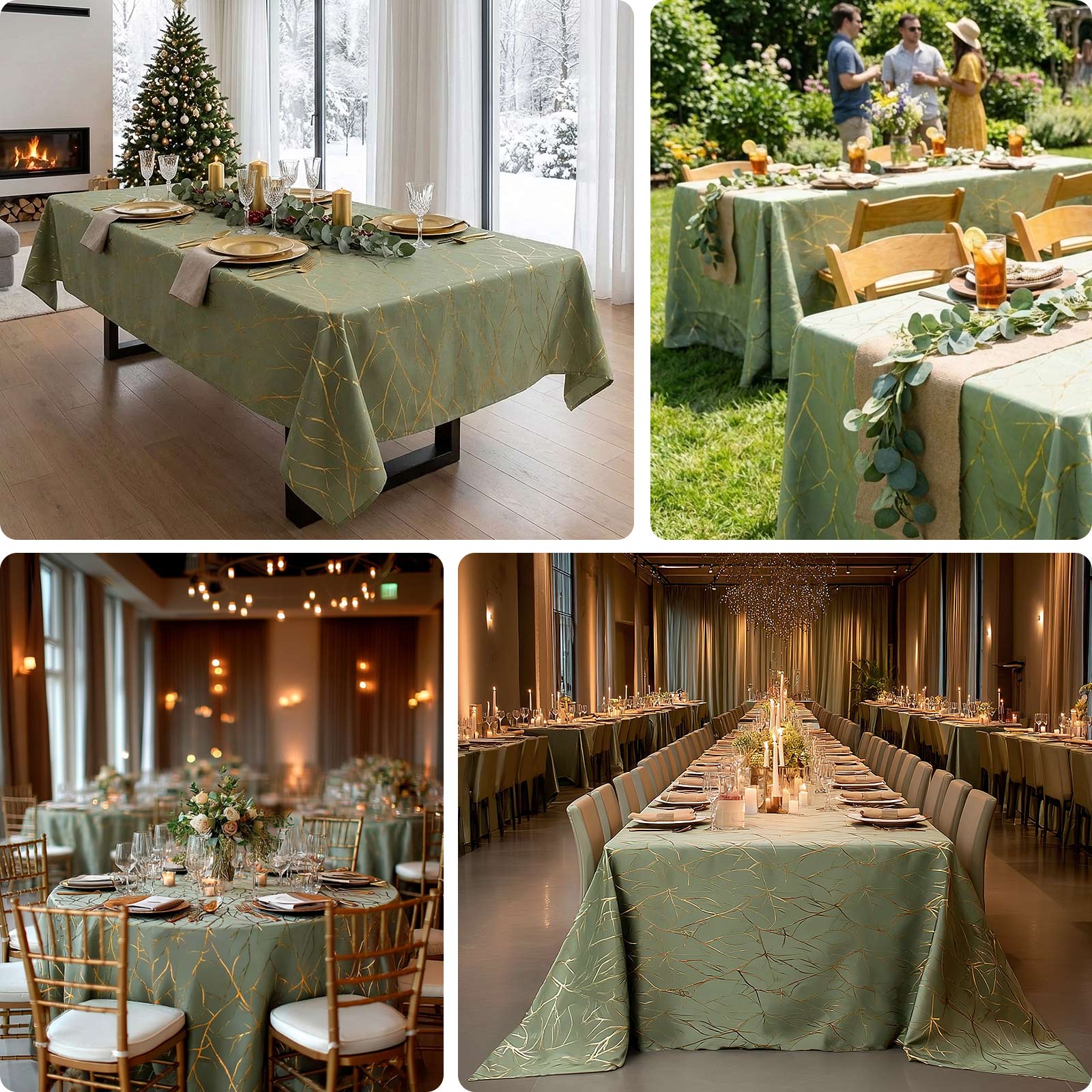 Polyester 90"x132" Rectangle Tablecloth Dusty Sage Green with Gold Foil Tree Branch Pattern - Wrinkle-Resistant Seamless Table Cover