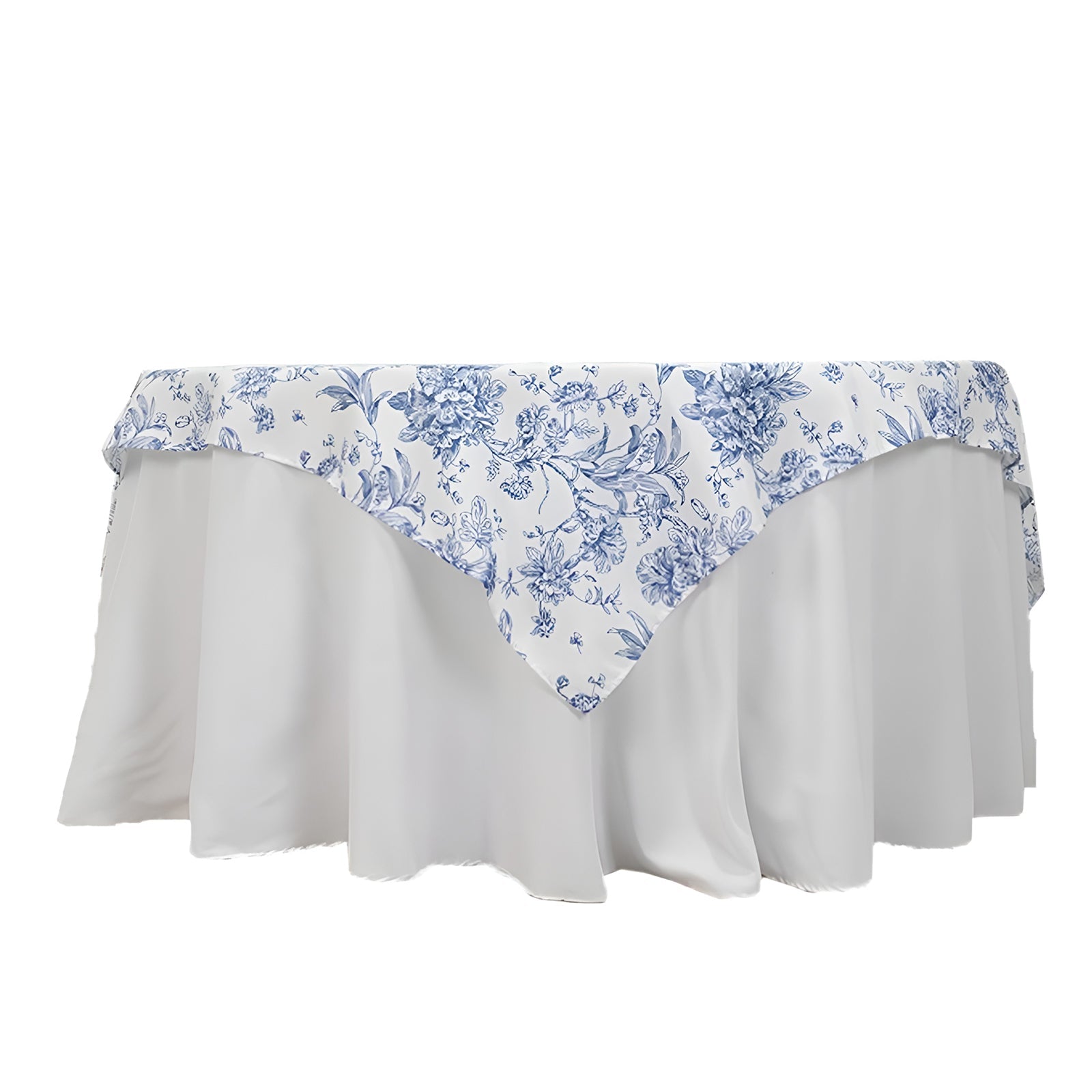 Polyester 70"x70" Table Overlay White - Blue French Toile Pattern for Stylish Events