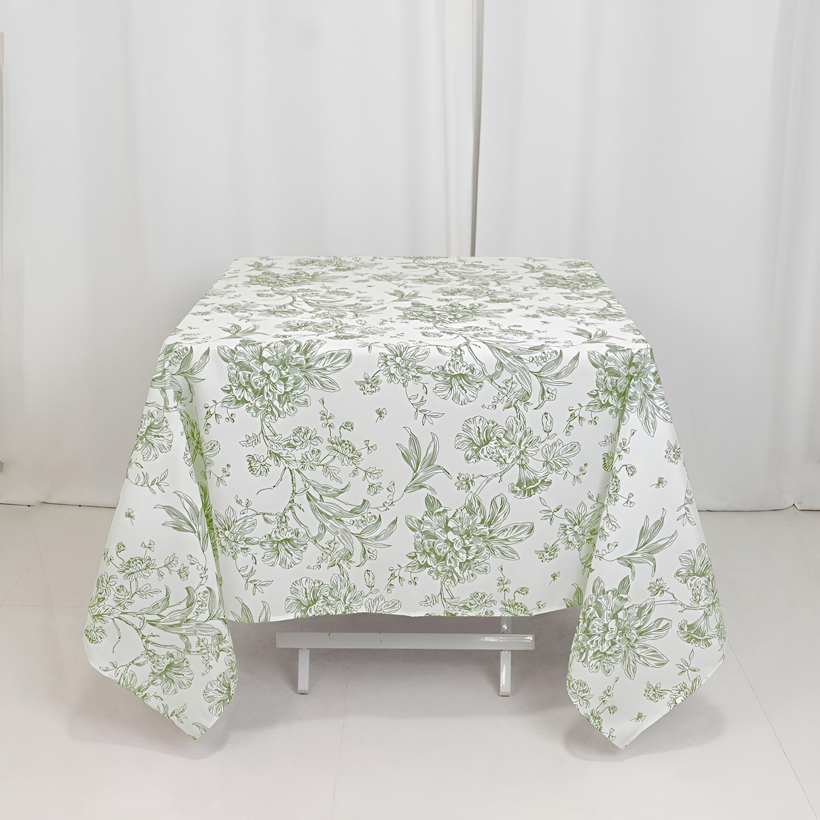 Polyester 70"x70" Table Overlay White - Dusty Sage Green French Toile Pattern for Stylish Events