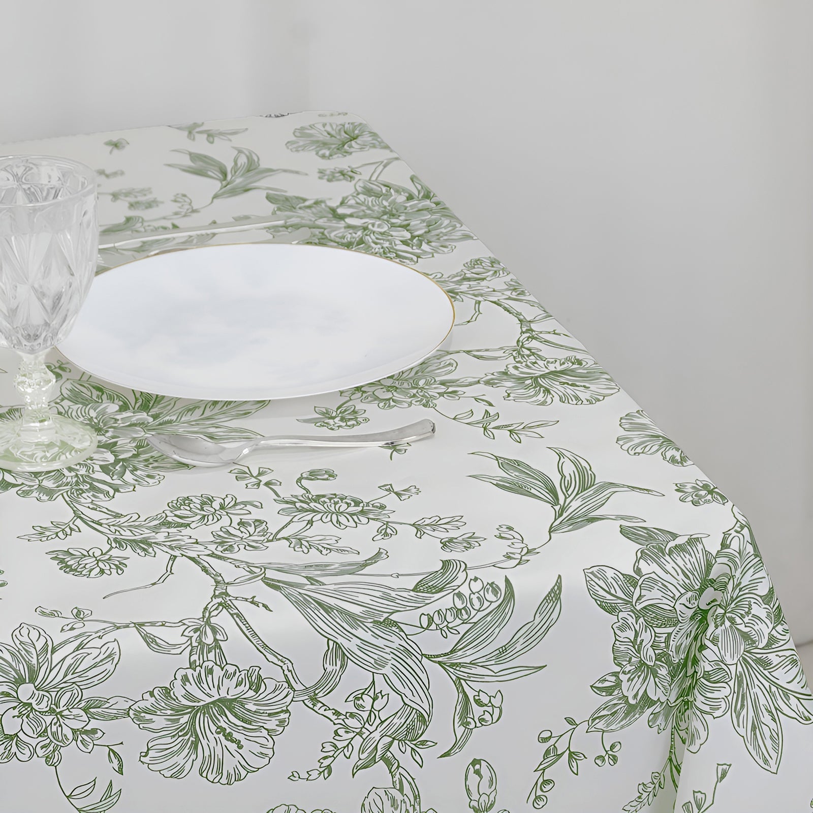 Polyester 70"x70" Table Overlay White - Dusty Sage Green French Toile Pattern for Stylish Events