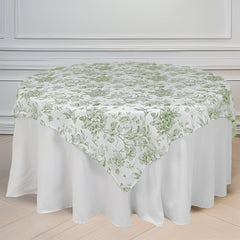 Polyester 70"x70" Table Overlay White - Dusty Sage Green French Toile Pattern for Stylish Events