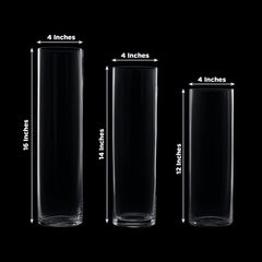 Premium Glass Cylinder Vase Set of 3 – Clear Vases for Flowers, Candles & Table Centerpieces – 12", 14", 16"