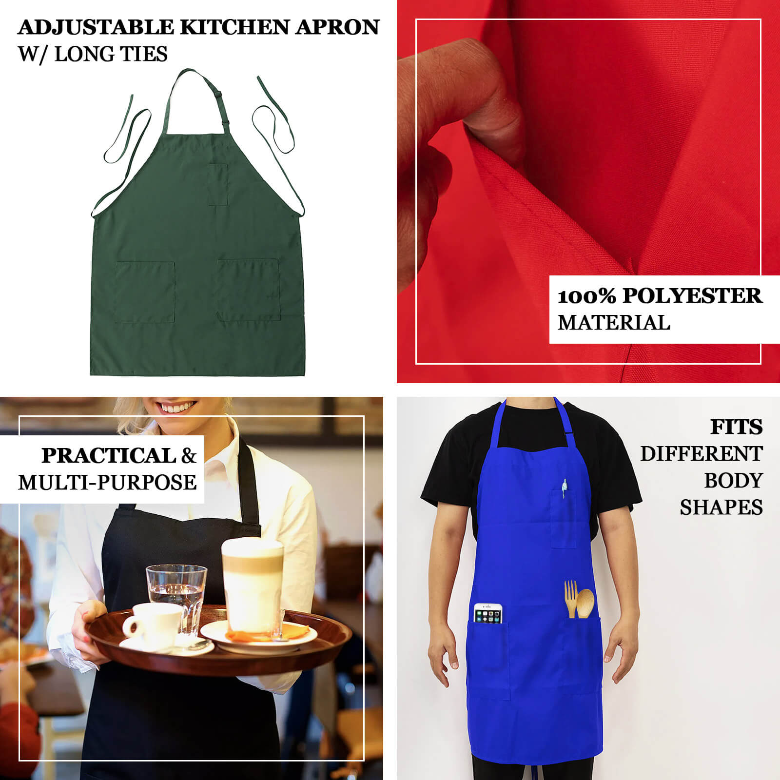 Red Premium Polyester Cooking Chef Apron with Adjustable Neck and Long Ties, Waterdrop Resistant 2 Pockets Unisex Kitchen Bib Apron