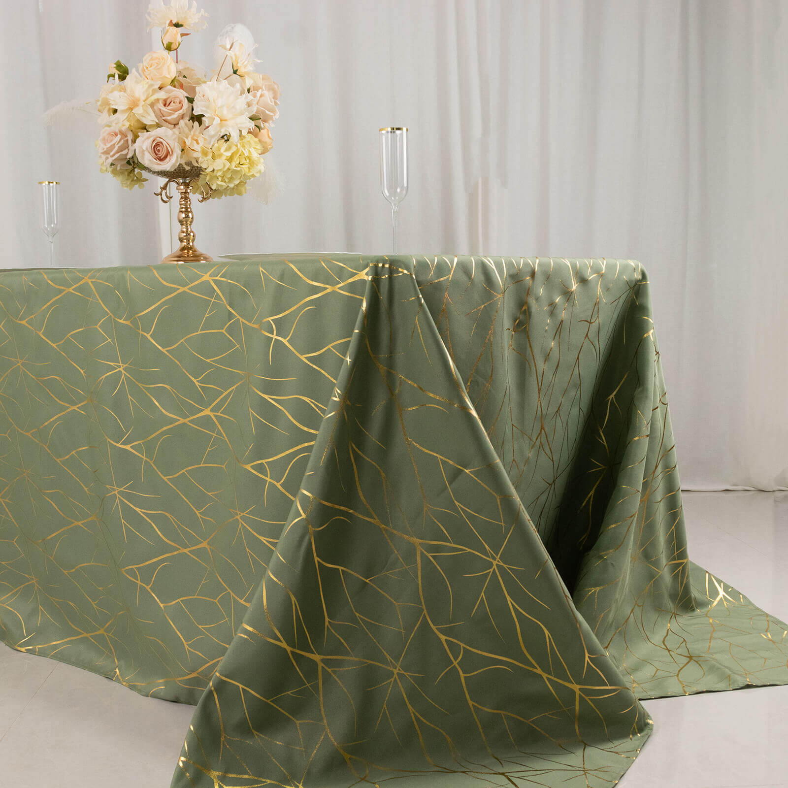 Polyester 90"x132" Rectangle Tablecloth Dusty Sage Green with Gold Foil Tree Branch Pattern - Wrinkle-Resistant Seamless Table Cover