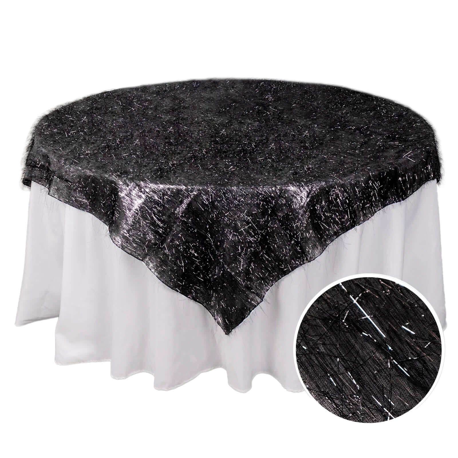 Polyester 72"x72" Table Overlay Square Tablecloth Black - Metallic Fringe Shag Tinsel Table Cover