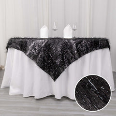 Polyester 72"x72" Table Overlay Square Tablecloth Black - Metallic Fringe Shag Tinsel Table Cover