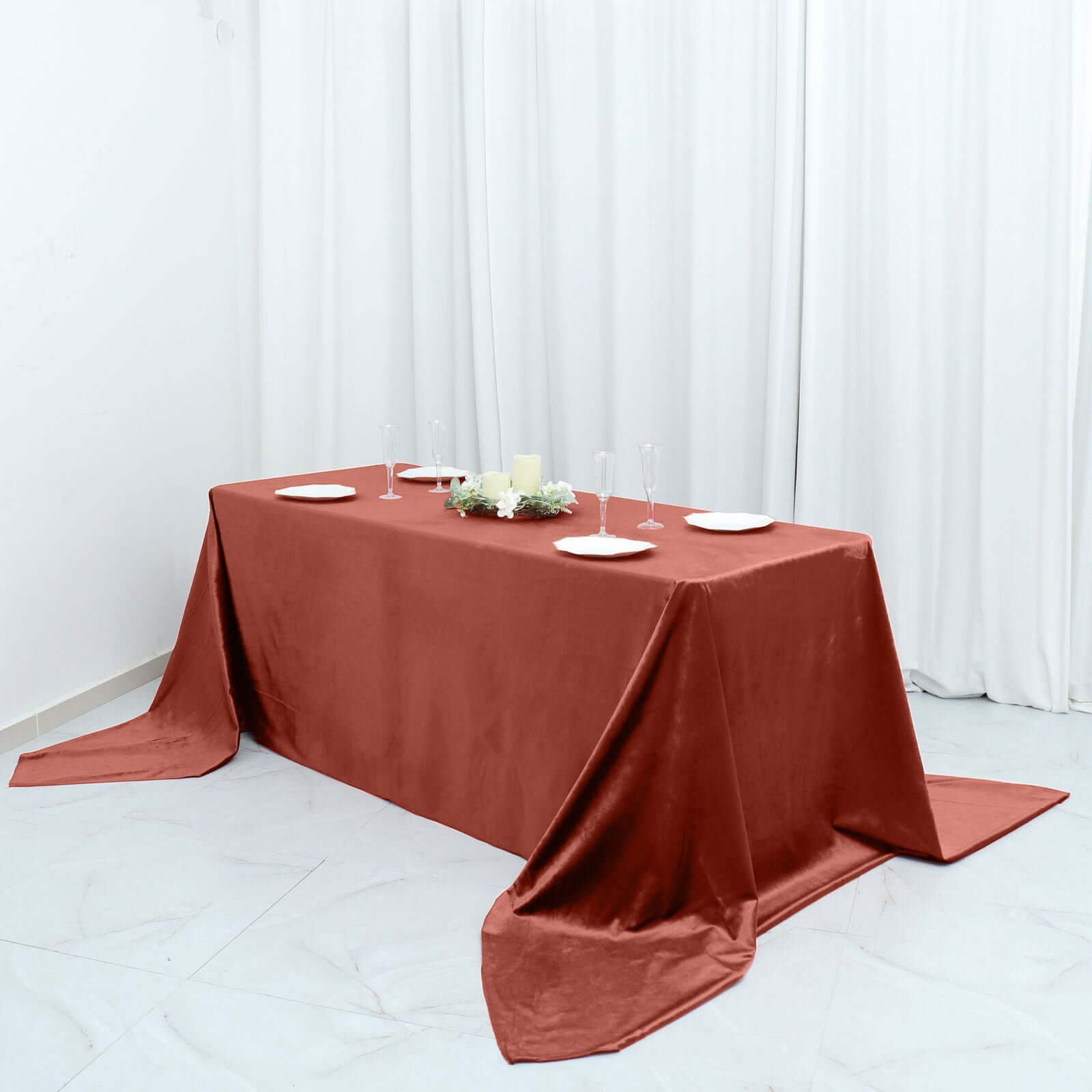 Premium Velvet 90"x156" Rectangle Tablecloth Terracotta (Rust) - Reusable Soft & Seamless Table Cover