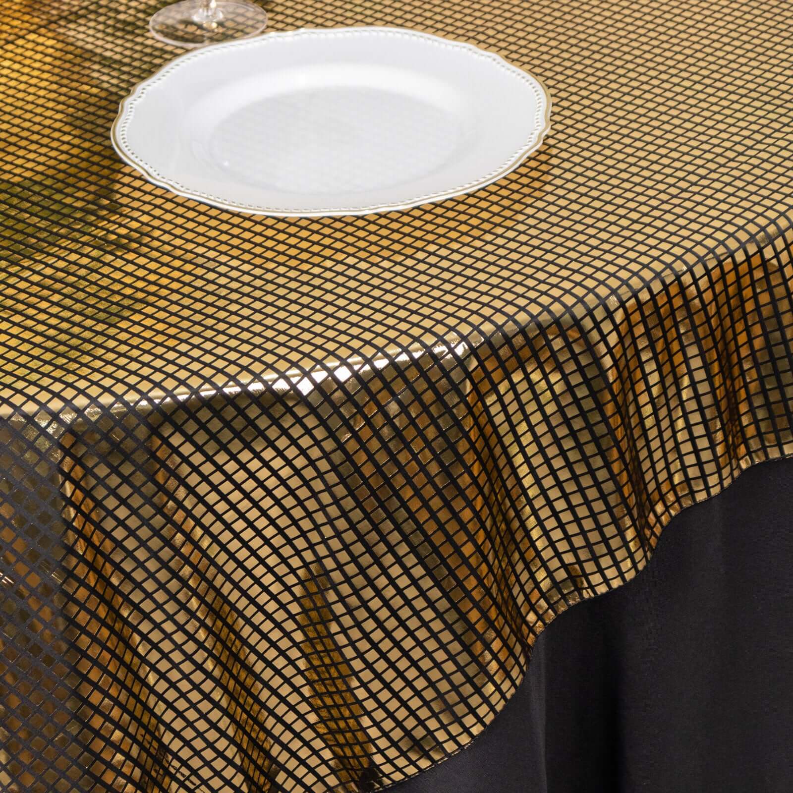 Polyester 72"x72" Table Overlay Square Tablecloth Black - Gold Foil Disco Mirror Ball Design for Stylish Celebrations