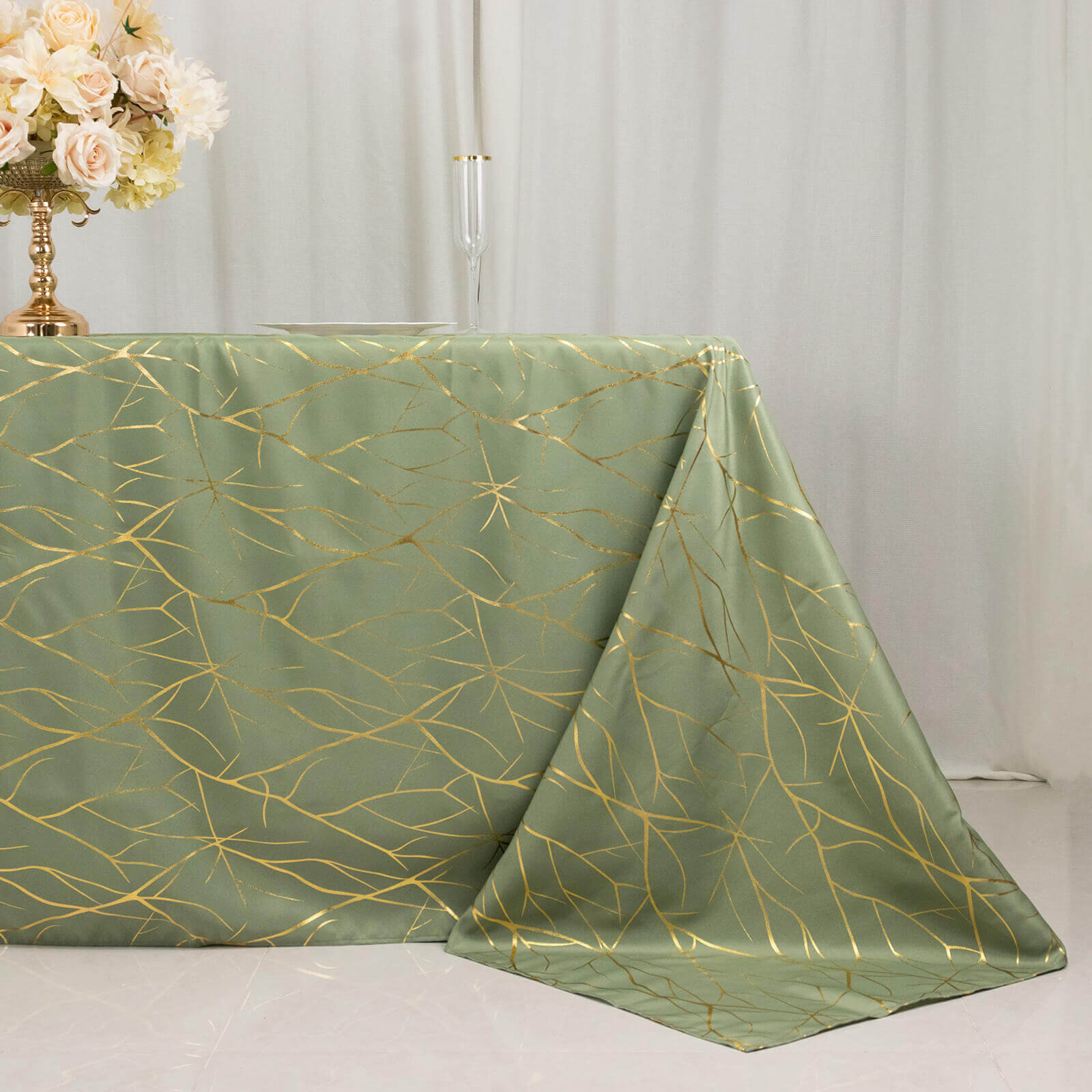 Polyester 90"x132" Rectangle Tablecloth Dusty Sage Green with Gold Foil Tree Branch Pattern - Wrinkle-Resistant Seamless Table Cover