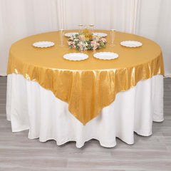 Polyester 72"x72" Table Overlay Square Tablecloth Gold Shimmer Sequin Dots Wrinkle-Free Design for Stylish Celebrations
