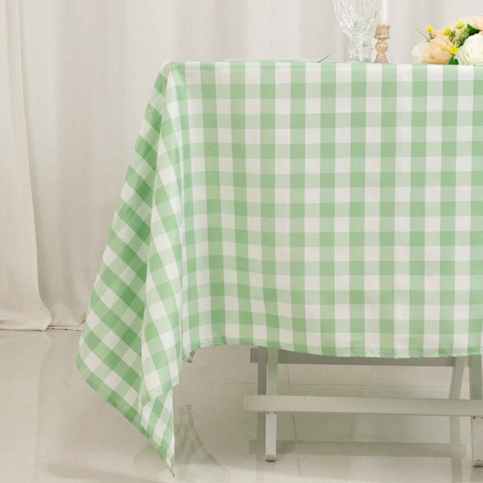 Polyester 70"x70" Table Overlay Square Tablecloth White/Sage Green - Checkered Buffalo Plaid Table Topper