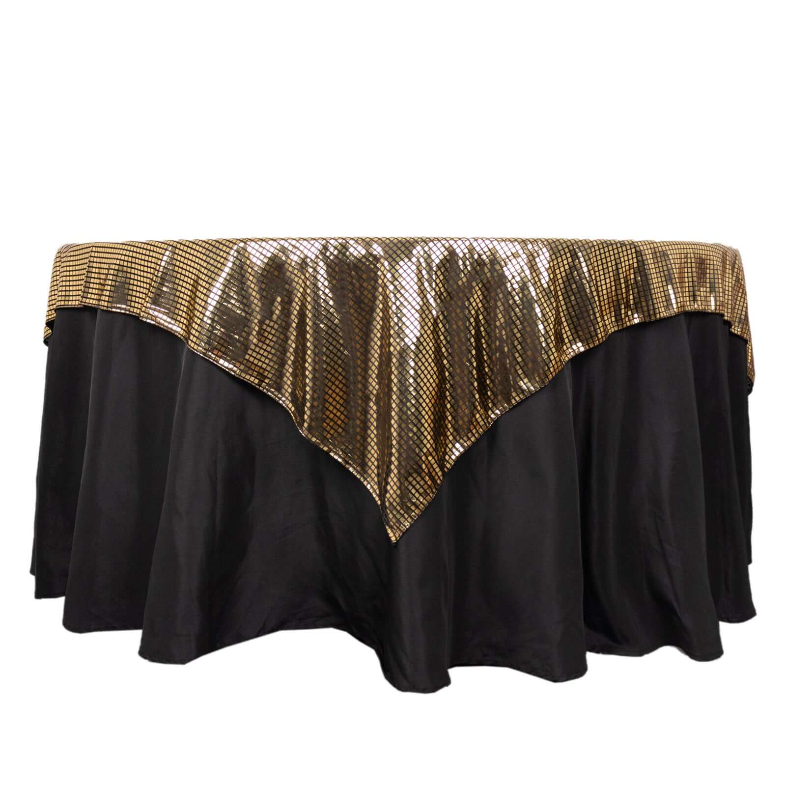 Polyester 72"x72" Table Overlay Square Tablecloth Black - Gold Foil Disco Mirror Ball Design for Stylish Celebrations