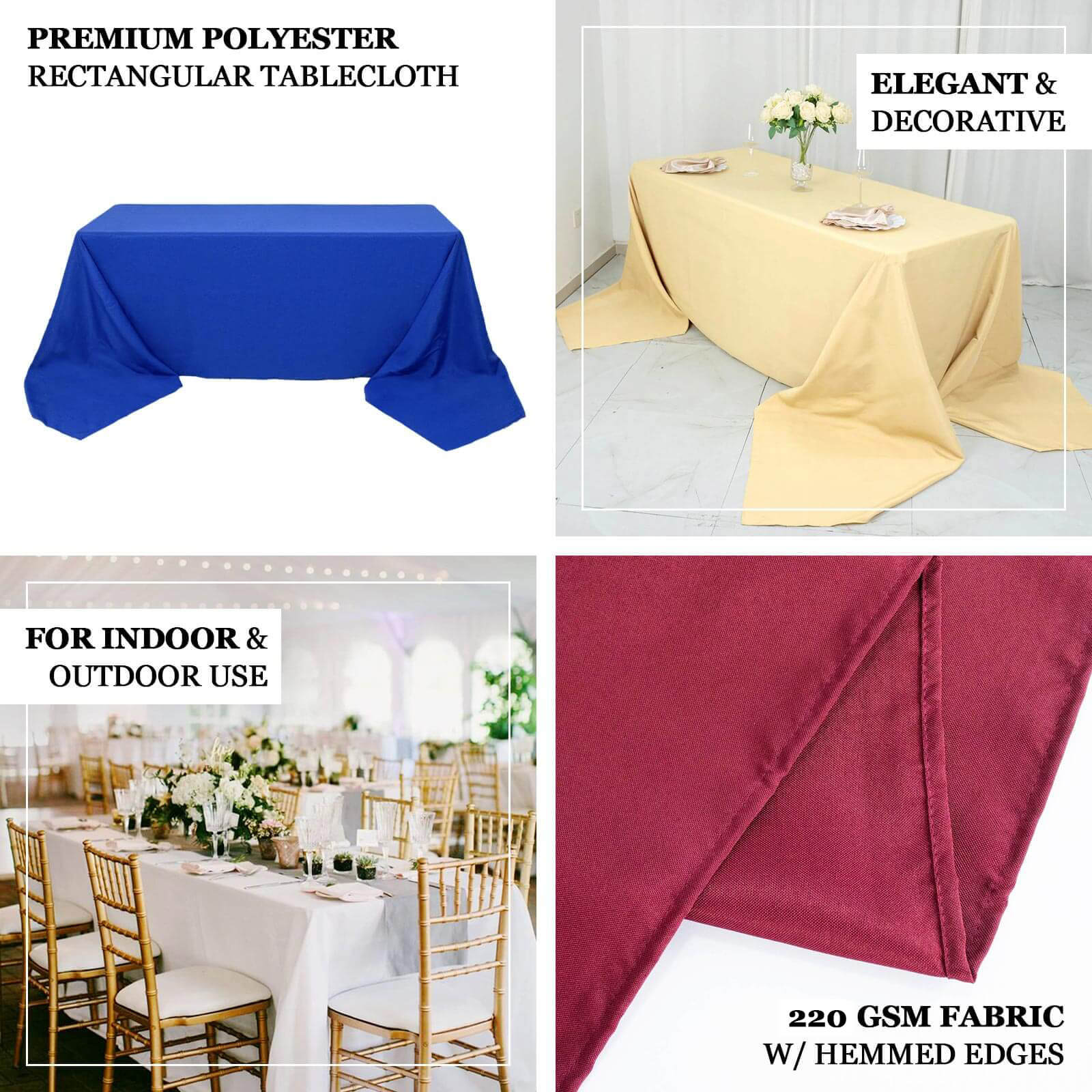 Premium Polyester 90"x132" Rectangle Tablecloth Ivory - Seamless 220GSM Stain-Resistant Table Cover