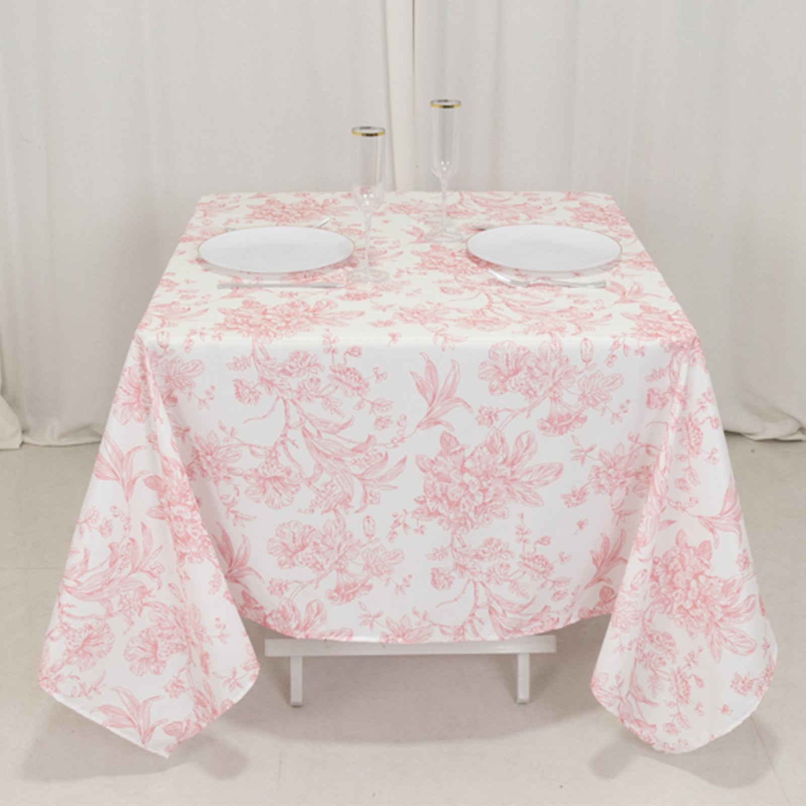 Polyester 70"x70" Table Overlay White - Pink French Toile Pattern for Refined Gatherings