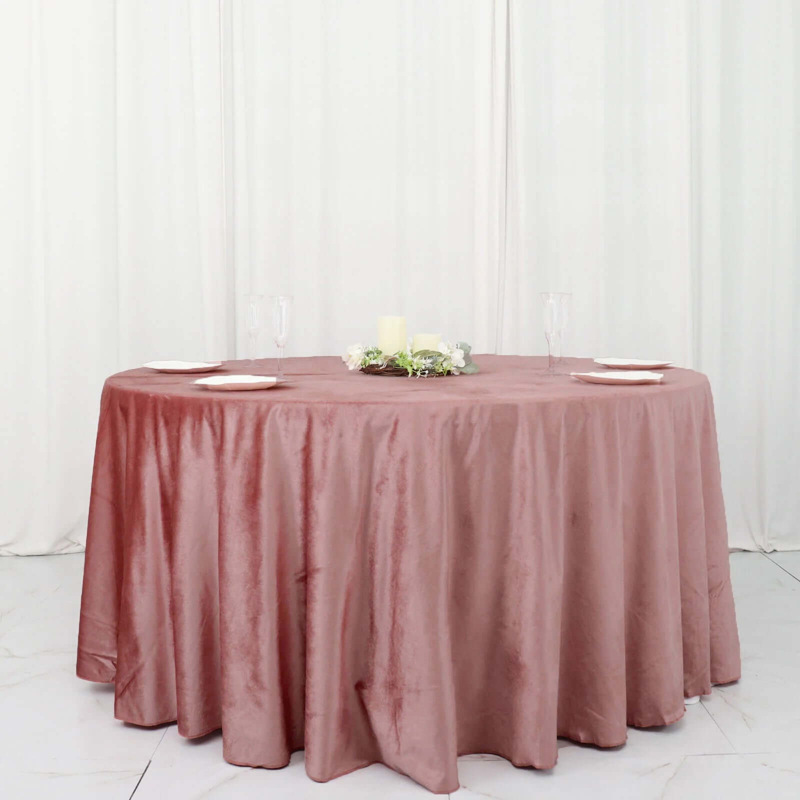 Premium Velvet 120" Round Tablecloth Dusty Rose - Reusable Soft & Seamless Table Cover