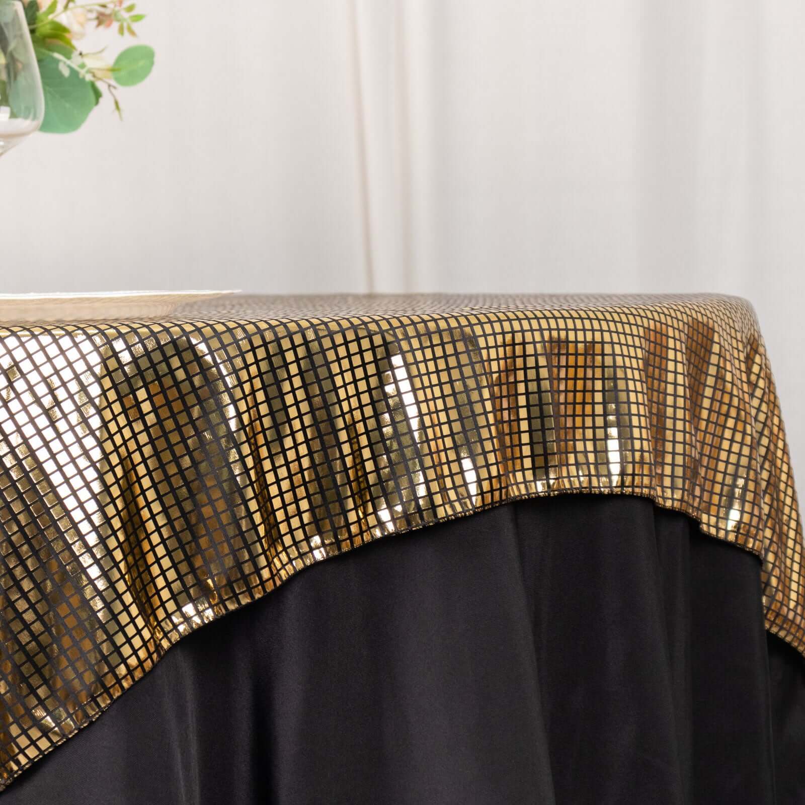 Polyester 72"x72" Table Overlay Square Tablecloth Black - Gold Foil Disco Mirror Ball Design for Stylish Celebrations