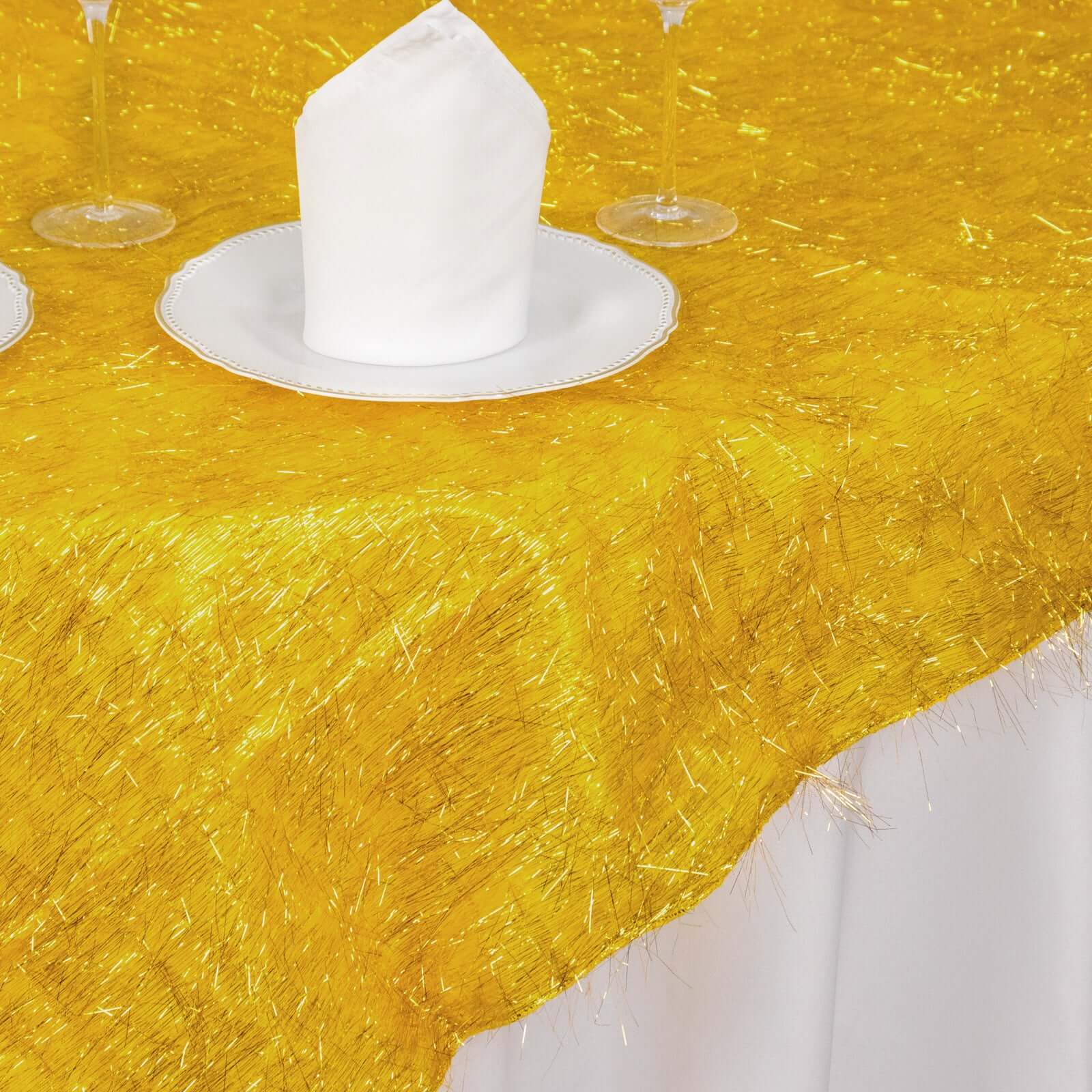 Polyester 72"x72" Table Overlay Square Tablecloth Gold - Metallic Fringe Shag Tinsel Design for Luxe Events