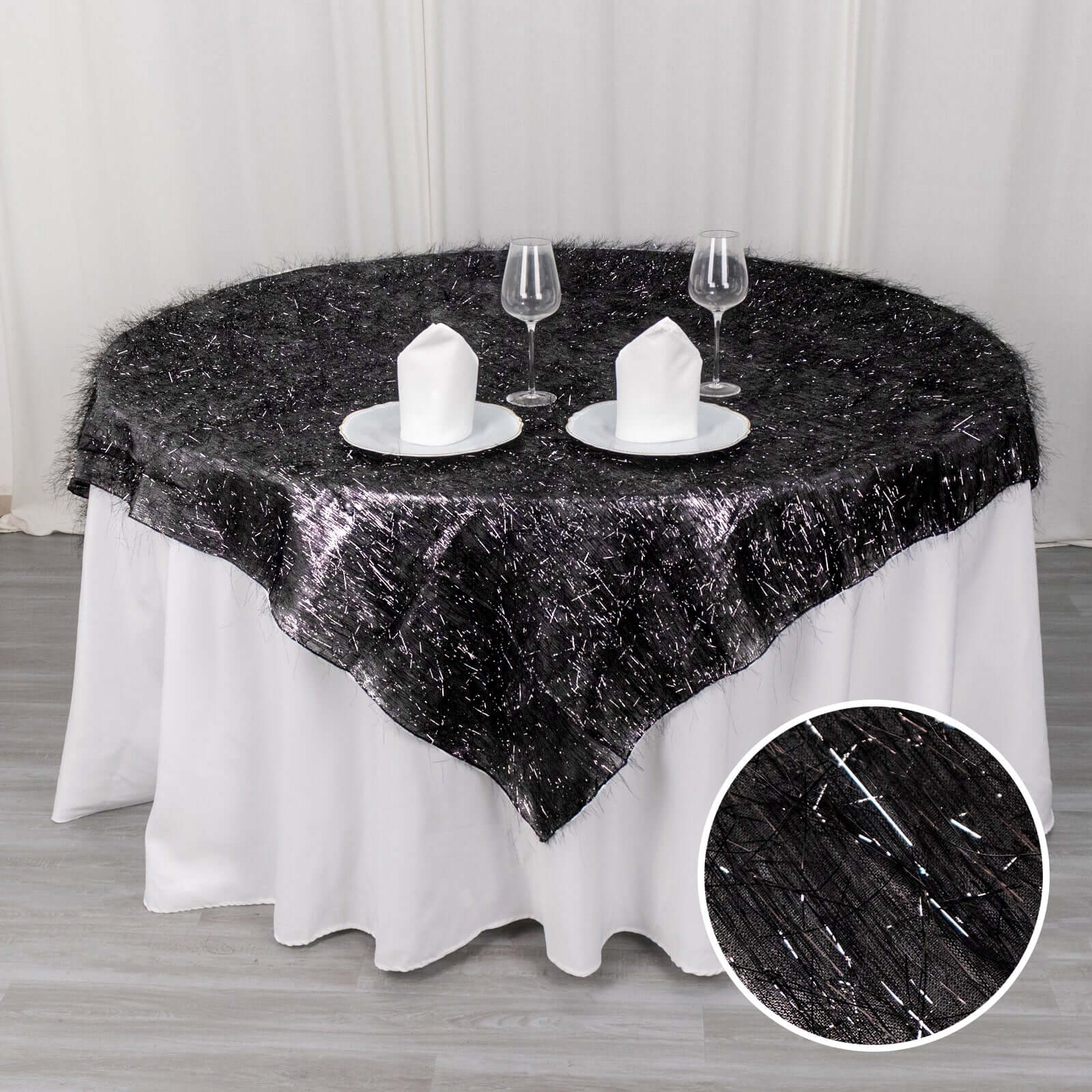 Polyester 72"x72" Table Overlay Square Tablecloth Black - Metallic Fringe Shag Tinsel Table Cover